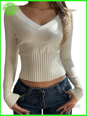 V Neck Slim Fit Cropped Pullover Sweater Long Sleeve Ribbed Knit Top